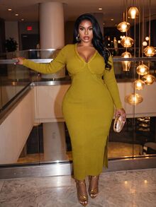 Slaydiva Plus Size Women's Solid Color V-Neck Casual Daily Knit Dress - Yellow - View 7