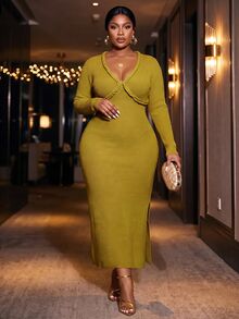 Slaydiva Plus Size Women's Solid Color V-Neck Casual Daily Knit Dress - Yellow - View 6