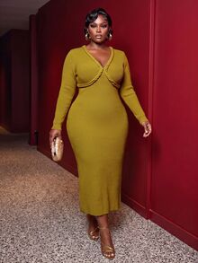 Slaydiva Plus Size Women's Solid Color V-Neck Casual Daily Knit Dress - Yellow - View 8