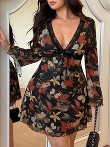 GalTyme Women's Plus Size Floral Print Patchwork Lace Deep V-Neck Long Sleeve Sexy Dress Fall - Multicolor - View 3