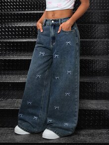 SHEIN Tween Girl Y2K Light Washed High Waist Bowknot Flowers Embroidered Pocketed Cute Oversized Wide Leg Jeans Casual Baggy Jeans - Dark Wash - View 5