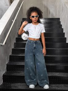 SHEIN Tween Girl Y2K Light Washed High Waist Bowknot Flowers Embroidered Pocketed Cute Oversized Wide Leg Jeans Casual Baggy Jeans - Dark Wash - View 3