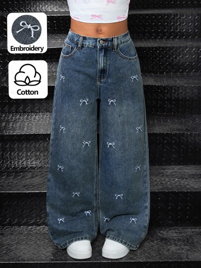 SHEIN Calças de ganga largas oversized para rapariga tween, estilo Y2K, lavagem clara, cintura alta, com laço, flores bordadas, bolsos, casuais e folgadas
