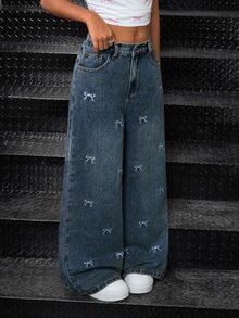 SHEIN Tween Girl Y2K Light Washed High Waist Bowknot Flowers Embroidered Pocketed Cute Oversized Wide Leg Jeans Casual Baggy Jeans - Dark Wash - View 4