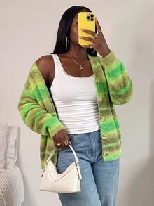 Slaydiva Plus Size Vacation Fashion Colorblock Long Sleeve Single-Breasted Knit Cardigan Formal Family Vacation Olive Green Autumn Casual Soft Form - Multicolor - View 12