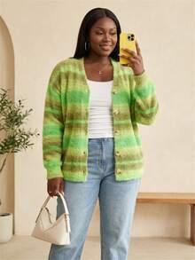 Slaydiva Plus Size Vacation Fashion Colorblock Long Sleeve Single-Breasted Knit Cardigan Formal Family Vacation Olive Green Autumn Casual Soft Form - Multicolor - View 7