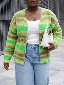 Slaydiva Plus Size Vacation Fashion Colorblock Long Sleeve Single-Breasted Knit Cardigan Formal Family Vacation Olive Green Autumn Casual Soft Form - Multicolor - View 4