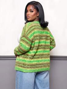 Slaydiva Plus Size Vacation Fashion Colorblock Long Sleeve Single-Breasted Knit Cardigan Formal Family Vacation Olive Green Autumn Casual Soft Form - Multicolor - View 3
