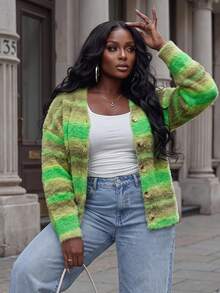 Slaydiva Plus Size Vacation Fashion Colorblock Long Sleeve Single-Breasted Knit Cardigan Formal Family Vacation Olive Green Autumn Casual Soft Form - Multicolor - View 8