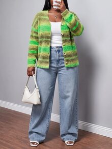 Slaydiva Plus Size Vacation Fashion Colorblock Long Sleeve Single-Breasted Knit Cardigan Formal Family Vacation Olive Green Autumn Casual Soft Form - Multicolor - View 10