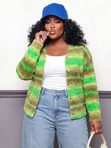 Slaydiva Plus Size Vacation Fashion Colorblock Long Sleeve Single-Breasted Knit Cardigan Formal Family Vacation Olive Green Autumn Casual Soft Form - Multicolor - View 5