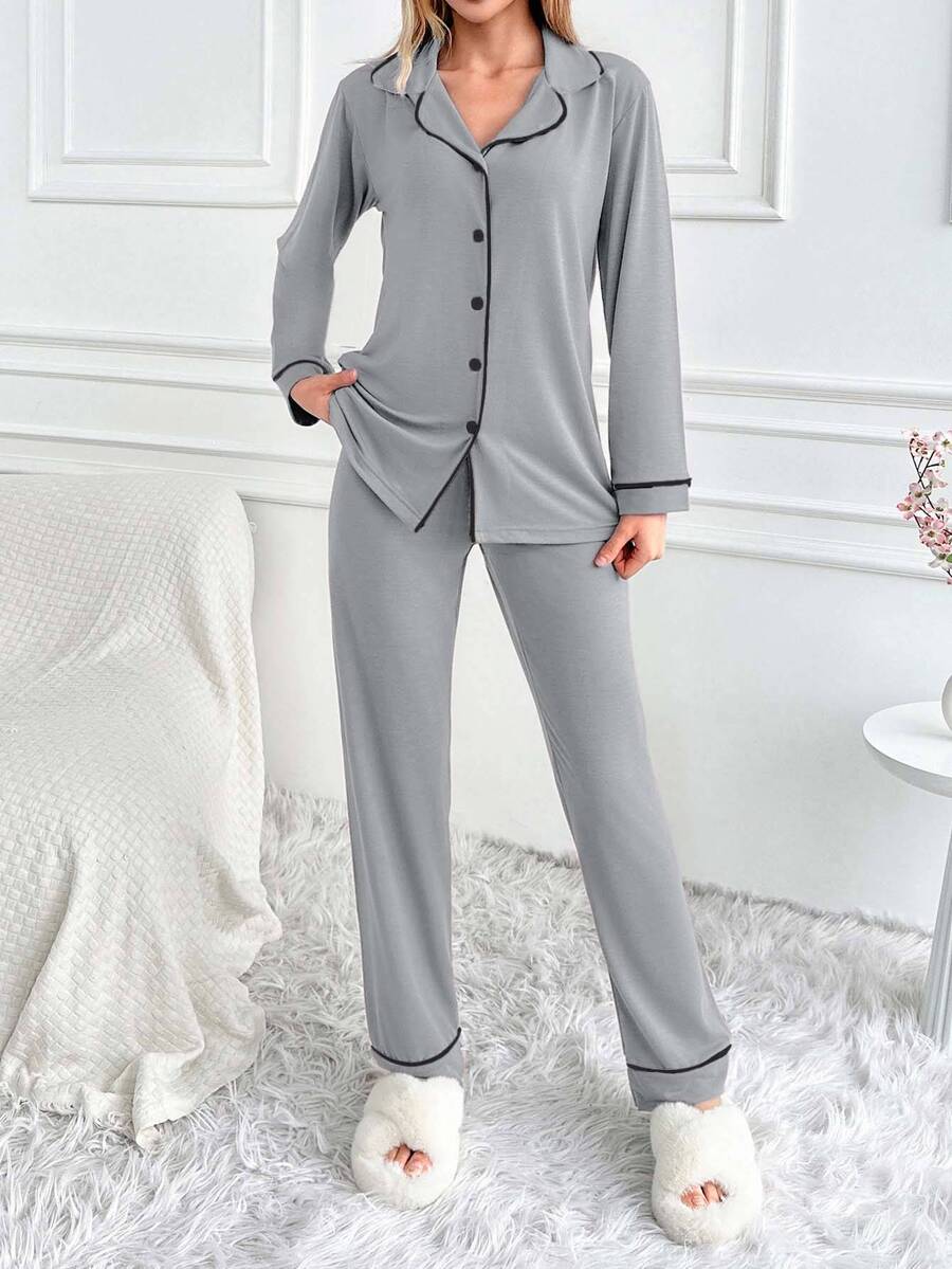 SHEIN طقم بيجامة كلاسيكي بأزرار أمامية مقاس طويل – ملابس علوية ناعم بأكمام طويلة وبنطال مريح بساق مستقيمة ملابس منزلية