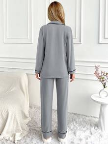 SHEIN طقم بيجامة كلاسيكي بأزرار أمامية مقاس طويل – ملابس علوية ناعم بأكمام طويلة وبنطال مريح بساق مستقيمة ملابس منزلية - رمادي فاتح - مشاهدة 5