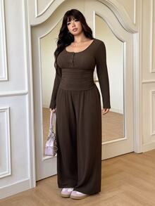 GalTyme Setelan Kasual 2 Potong Wanita Ukuran Besar Warna Polos, Terdiri dari Kaos Lengan Panjang dan Celana Panjang Lebar - Coklat - View 5