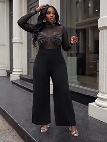 Slaydiva Jumpsuit Wanita Ukuran Besar, Gaun Pesta Musim Gugur dengan Hiasan Berlian Imitasi dan Jaring, Potongan Kaki Lebar - Hitam - View 9