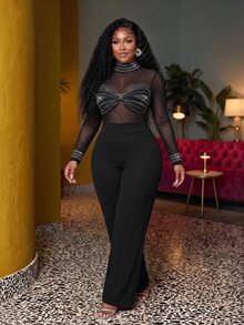 Slaydiva Jumpsuit Wanita Ukuran Besar, Gaun Pesta Musim Gugur dengan Hiasan Berlian Imitasi dan Jaring, Potongan Kaki Lebar - Hitam - View 16