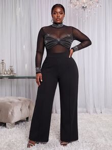 Slaydiva Jumpsuit Wanita Ukuran Besar, Gaun Pesta Musim Gugur dengan Hiasan Berlian Imitasi dan Jaring, Potongan Kaki Lebar - Hitam - View 14