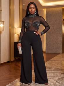 Slaydiva Jumpsuit Wanita Ukuran Besar, Gaun Pesta Musim Gugur dengan Hiasan Berlian Imitasi dan Jaring, Potongan Kaki Lebar - Hitam - View 4