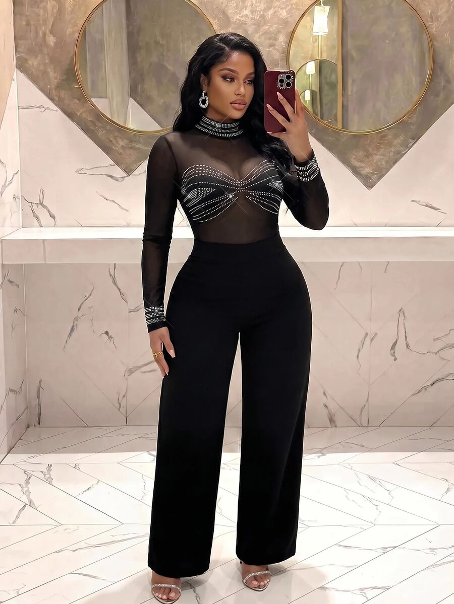 Slaydiva Jumpsuit Wanita Ukuran Besar, Gaun Pesta Musim Gugur dengan Hiasan Berlian Imitasi dan Jaring, Potongan Kaki Lebar