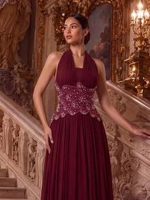 Glamrae Elegantes formelles romantisches ärmelloses Kleid mit Neckholder-Ausschnitt, handbestickt mit Diamanten und Perlen, langes Abendkleid für Hochzeit, Abschlussball und Prom, Damenkleid in Burgunderrot - Bordeaux - Übersicht 5