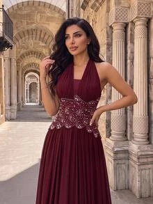 Glamrae Elegantes formelles romantisches ärmelloses Kleid mit Neckholder-Ausschnitt, handbestickt mit Diamanten und Perlen, langes Abendkleid für Hochzeit, Abschlussball und Prom, Damenkleid in Burgunderrot - Bordeaux - Übersicht 8