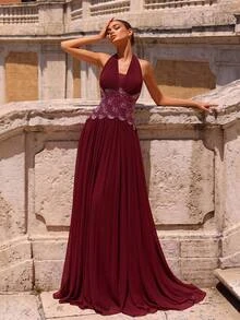 Glamrae Elegantes formelles romantisches ärmelloses Kleid mit Neckholder-Ausschnitt, handbestickt mit Diamanten und Perlen, langes Abendkleid für Hochzeit, Abschlussball und Prom, Damenkleid in Burgunderrot - Bordeaux - Übersicht 9