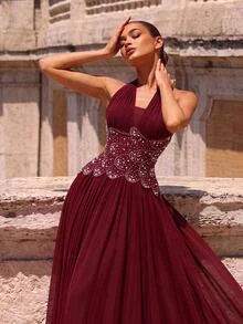 Glamrae Elegantes formelles romantisches ärmelloses Kleid mit Neckholder-Ausschnitt, handbestickt mit Diamanten und Perlen, langes Abendkleid für Hochzeit, Abschlussball und Prom, Damenkleid in Burgunderrot - Bordeaux - Übersicht 10