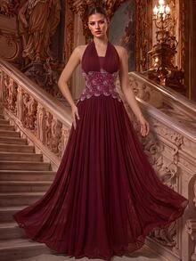 Glamrae Elegantes formelles romantisches ärmelloses Kleid mit Neckholder-Ausschnitt, handbestickt mit Diamanten und Perlen, langes Abendkleid für Hochzeit, Abschlussball und Prom, Damenkleid in Burgunderrot - Bordeaux - Übersicht 6