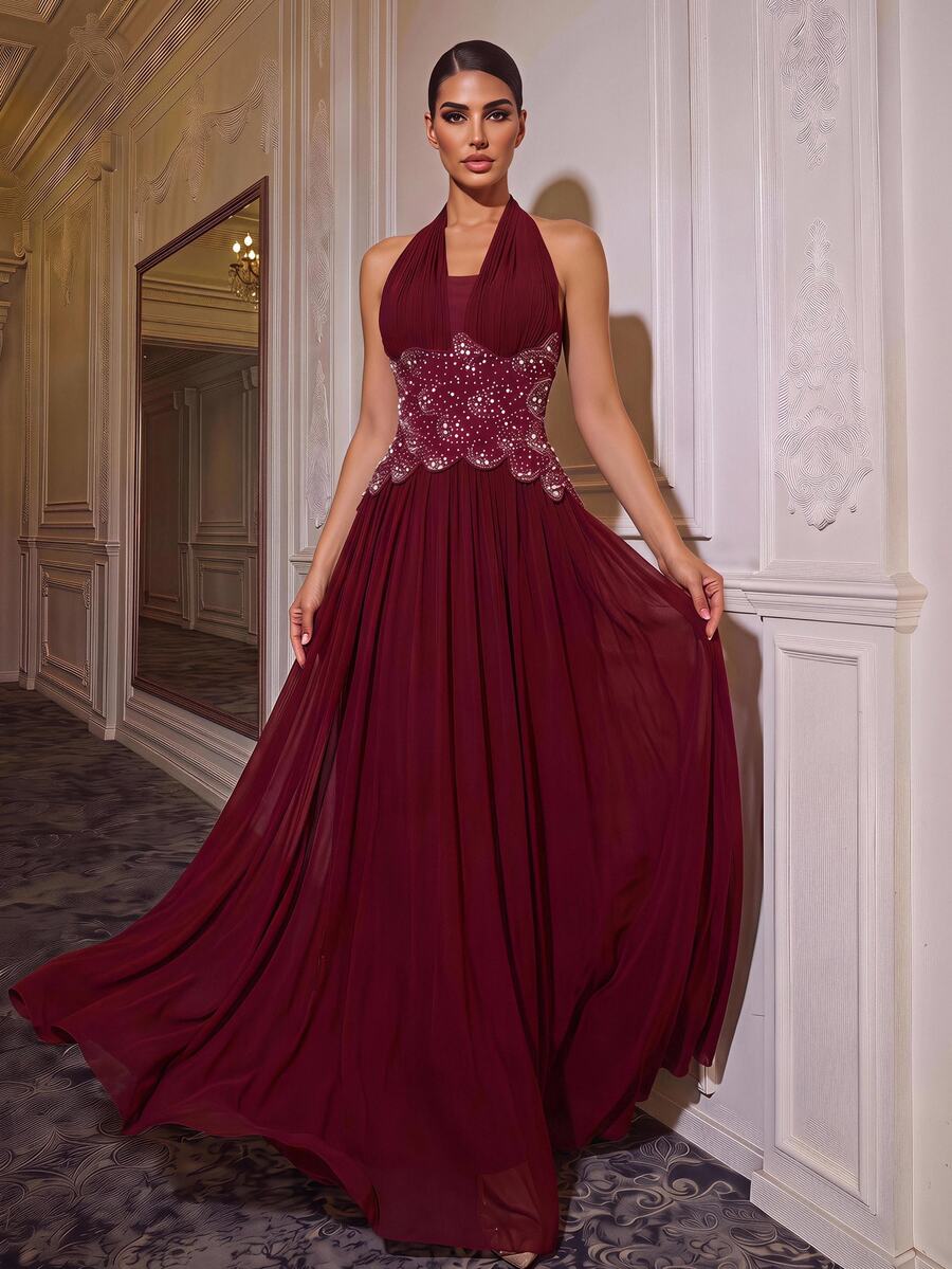 Glamrae Elegantes formelles romantisches ärmelloses Kleid mit Neckholder-Ausschnitt, handbestickt mit Diamanten und Perlen, langes Abendkleid für Hochzeit, Abschlussball und Prom, Damenkleid in Burgunderrot