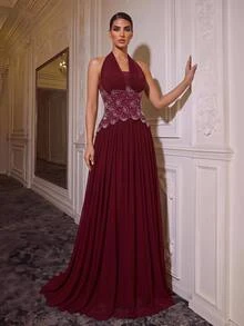 Glamrae Elegantes formelles romantisches ärmelloses Kleid mit Neckholder-Ausschnitt, handbestickt mit Diamanten und Perlen, langes Abendkleid für Hochzeit, Abschlussball und Prom, Damenkleid in Burgunderrot - Bordeaux - Übersicht 11
