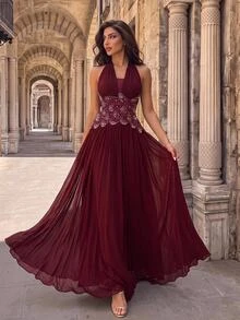 Glamrae Elegantes formelles romantisches ärmelloses Kleid mit Neckholder-Ausschnitt, handbestickt mit Diamanten und Perlen, langes Abendkleid für Hochzeit, Abschlussball und Prom, Damenkleid in Burgunderrot - Bordeaux - Übersicht 7