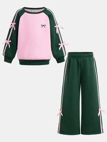 女童小女孩蝴蝶結對比色拼接蝴蝶結印花運動衫與長褲2件套休閒日常時尚百搭 - 粉色 - 查看 6