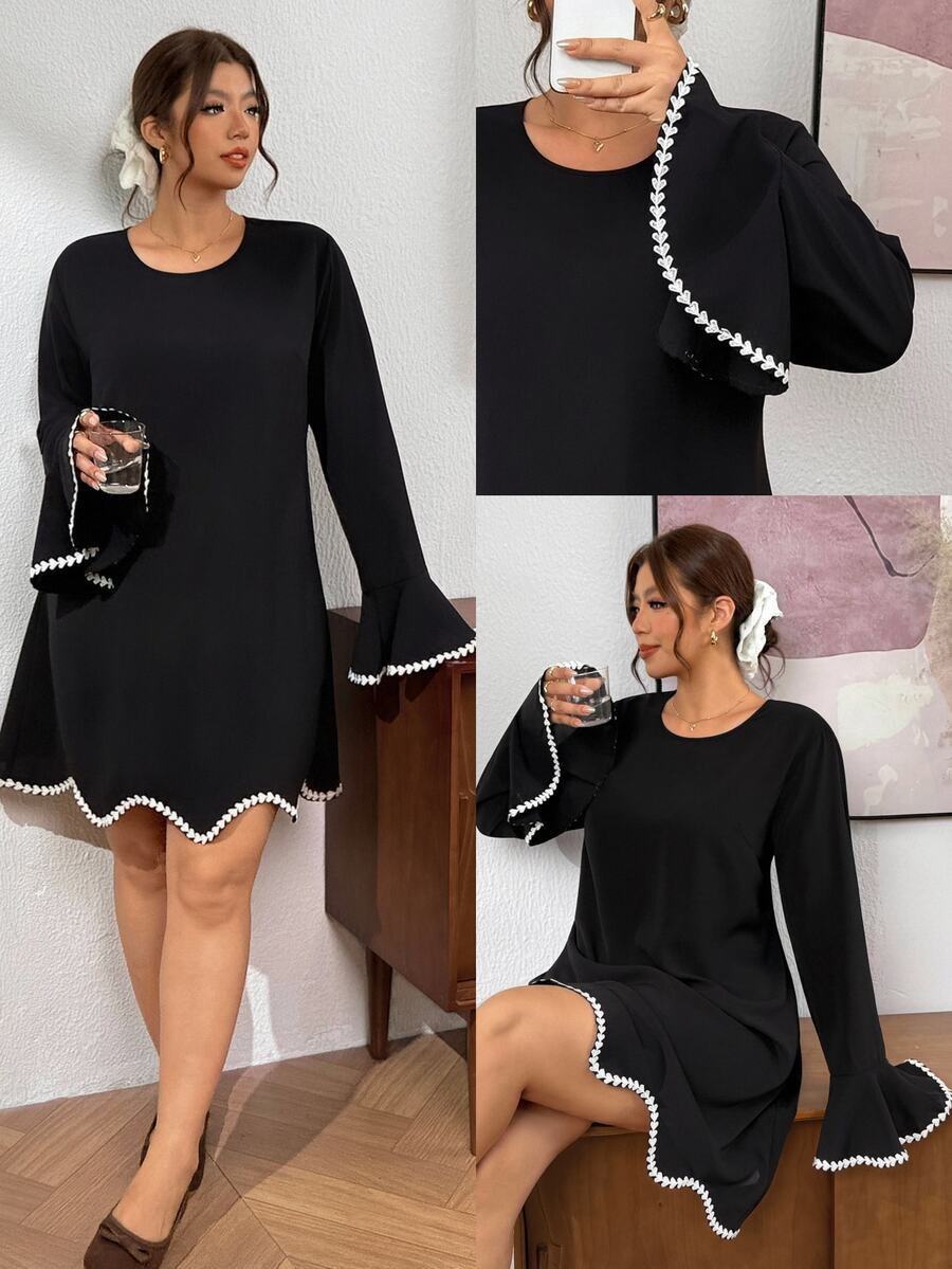 Lounesse Plus Size Women's Round Neck Long Sleeve Wavy Ruffle Design Black Patchwork Dress Dinner Party Autumn Elegant Traditional Fall