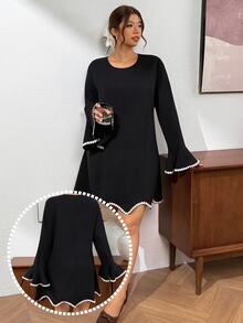 Lounesse Plus Size Women's Round Neck Long Sleeve Wavy Ruffle Design Black Patchwork Dress Dinner Party Autumn Elegant Traditional Fall - Black and White - View 8