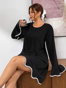Lounesse Plus Size Women's Round Neck Long Sleeve Wavy Ruffle Design Black Patchwork Dress Dinner Party Autumn Elegant Traditional Fall - Black and White - View 9