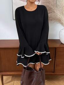 Lounesse Plus Size Women's Round Neck Long Sleeve Wavy Ruffle Design Black Patchwork Dress Dinner Party Autumn Elegant Traditional Fall - Black and White - View 4
