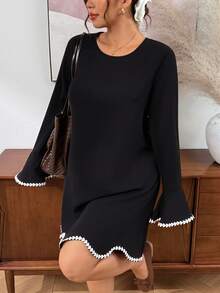 Lounesse Plus Size Women's Round Neck Long Sleeve Wavy Ruffle Design Black Patchwork Dress Dinner Party Autumn Elegant Traditional Fall - Black and White - View 3