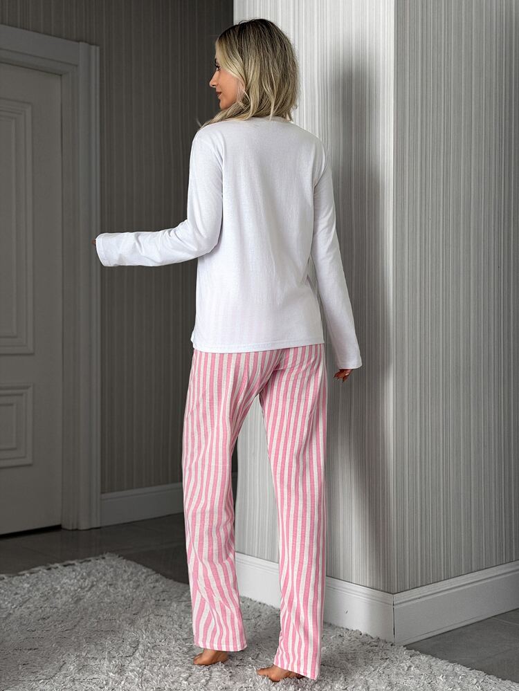 SHEIN Cotton Line Women Bunny Print Round Neck Long Sleeve Top High Waist Striped Comfy Pants Pajama Set Sleep White Pink Checkered Autumn Kawaii Cute - Pink - View 2