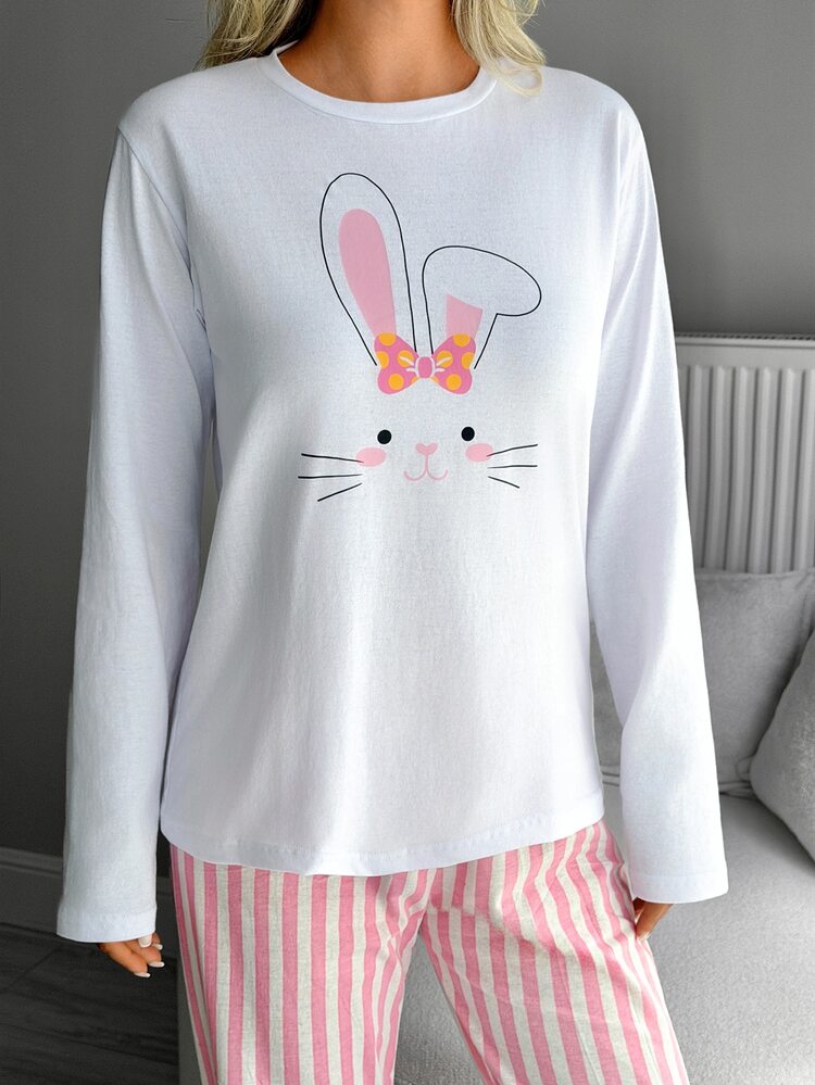 SHEIN Cotton Line Women Bunny Print Round Neck Long Sleeve Top High Waist Striped Comfy Pants Pajama Set Sleep White Pink Checkered Autumn Kawaii Cute - Pink - View 5
