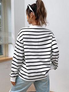 SHEIN EZwear 春季白色条纹印花落肩卫衣连帽衫，适合毕业季、返校季、毕业典礼、教师节等场合，也适合秋冬季返校季穿着。 - 黑與白 - 查看 2