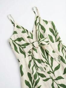 Louniche 女款綠葉印花綁帶A字洋裝，適合度假與戶外活動，春夏度假海灘熱帶風 - 綠色 - 查看 6