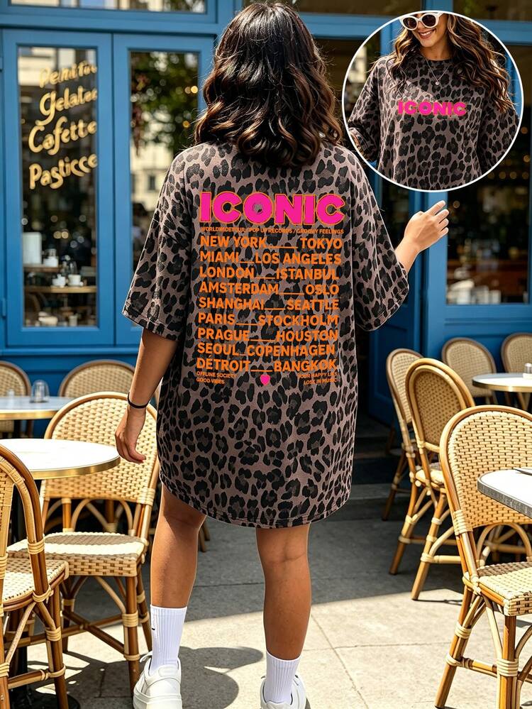 EMERY ROSE Women Leopard Print Crew Neck Short Sleeve T‑Shirt Dress, Bold ICONIC Letter World City Graphic Drop Shoulder Loose Oversized Tee Dress,Y2K Streetwear - Multicolor - View 1