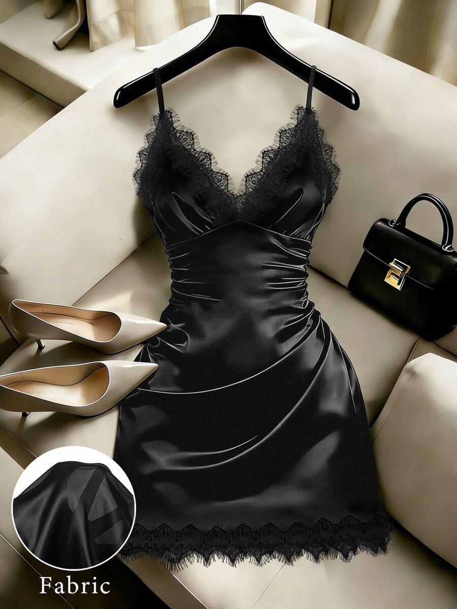 SHEIN Franclia Women's Elegant Solid Color Lace Trim Shoulder Strap Dress Sexy Pleated Low Neckline And Waist Design, Summer Apparel, Holiday Gown, Club Night Party - Black - View 1