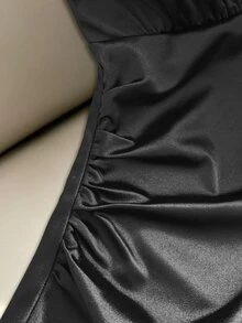 SHEIN Franclia Women's Elegant Solid Color Lace Trim Shoulder Strap Dress Sexy Pleated Low Neckline And Waist Design, Summer Apparel, Holiday Gown, Club Night Party - Black - View 9