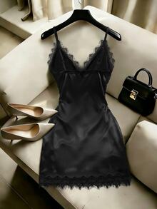 SHEIN Franclia Women's Elegant Solid Color Lace Trim Shoulder Strap Dress Sexy Pleated Low Neckline And Waist Design, Summer Apparel, Holiday Gown, Club Night Party - Black - View 2