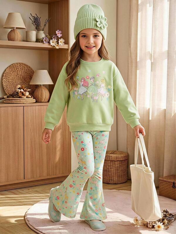 Cozy Pixies Young Girls Casual Comfortable Cute Versatile Cartoon Print Crew Neck Sweatshirt And Flare Leggings Long Pants Set