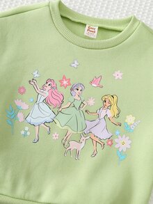 Cozy Pixies 女童休閒舒適可愛百搭卡通印花圓領運動衫與喇叭腿長褲套裝 - 綠色 - 查看 4