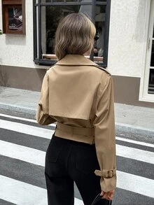 Serisse 女款秋季休閒雙排扣短版風衣外套 - 卡其色 - 查看 2