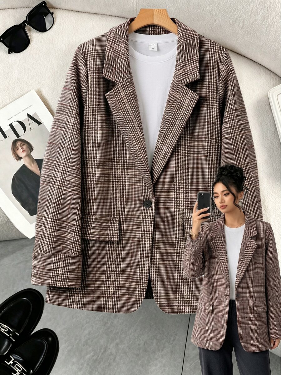 GlowEve CURVE Plus Size Autumn/Winter Daily Button Long Sleeve Commuter Blazer - Multicolor - View 1