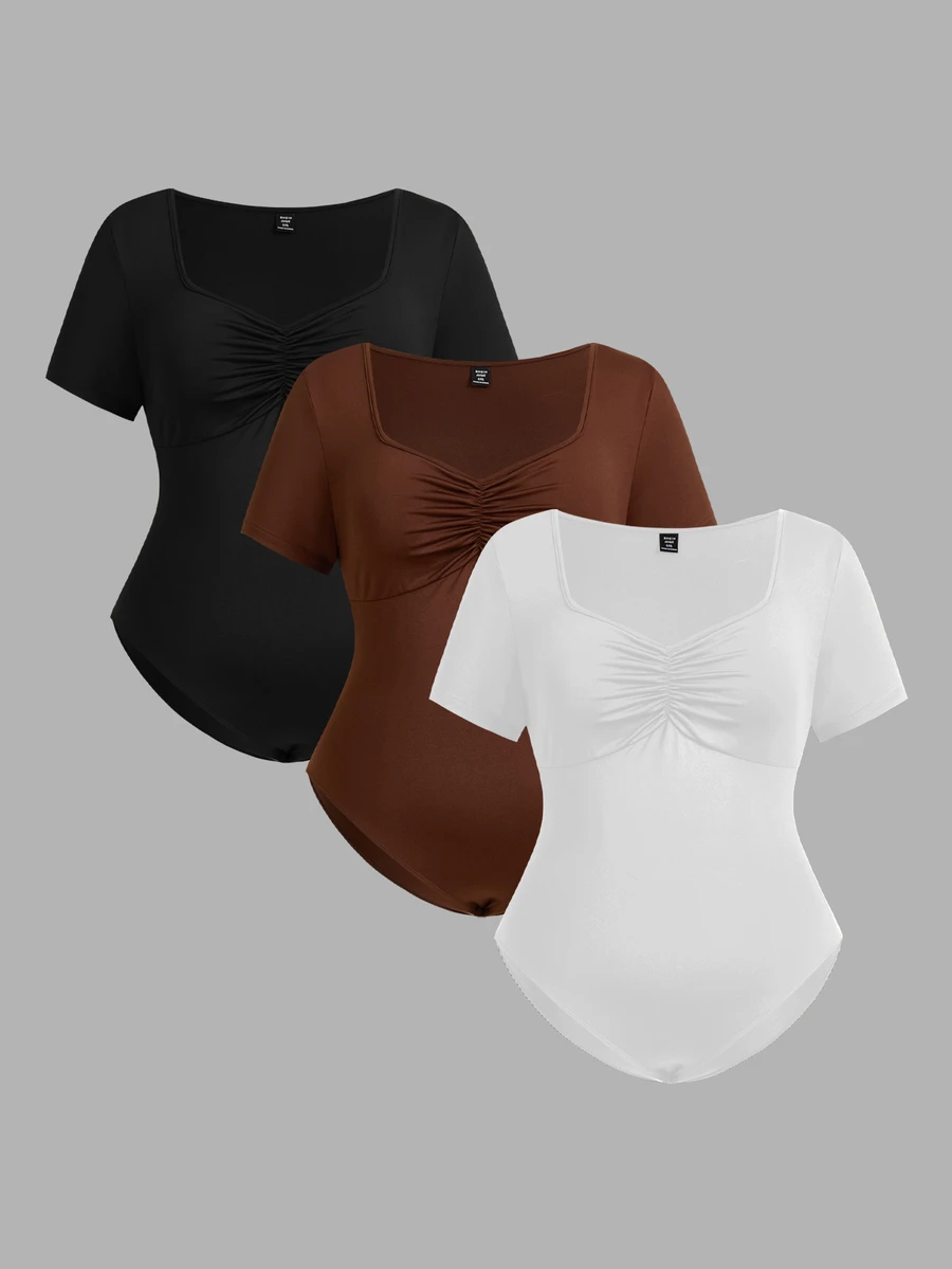 SHEIN EZwear 3 Pcs Casual Pleated Short Sleeve Bodysuit, Multiple Piece Set, Plus Size Suitable For Going Out, Spring Break - Multicolor - View 1